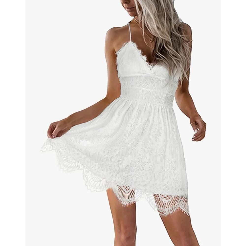 Aooks Mery White Lace Dress Women's M Tie Back V-neck Adjustable Straps Floral